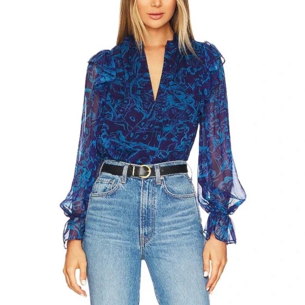 Amanda Uprichard‎ Blue Abstract Print Ruffle Neck Long Sleeve Sheer Top Size S